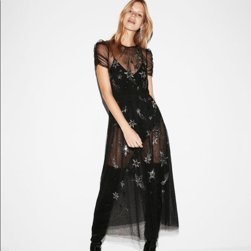 Embroidered star bikini bodysuit maxi dress